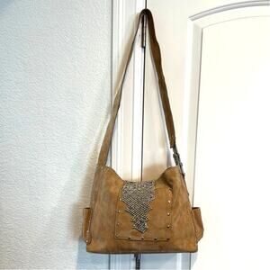 Sergio Gutierrez Liquid Metal collection camel suede crossbody shoulder bag